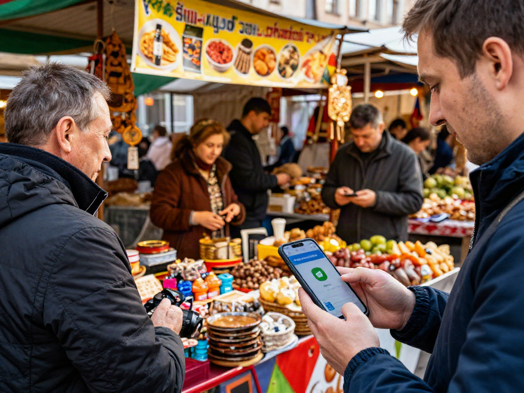 Un turista utilizando https://payinrussia.com/ para pagar en un mercado lleno de color y productos locales.