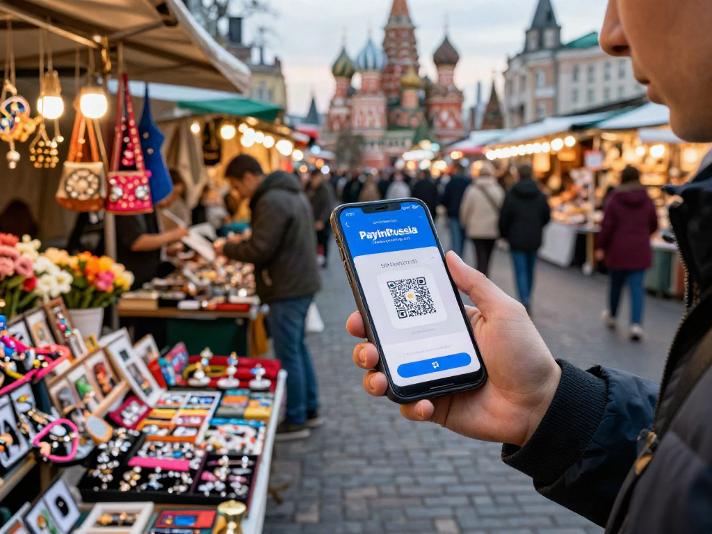 Pagando en un mercado bullicioso con https://payinrussia.com/ usando la aplicación móvil, rodeado de productos locales y turistas.