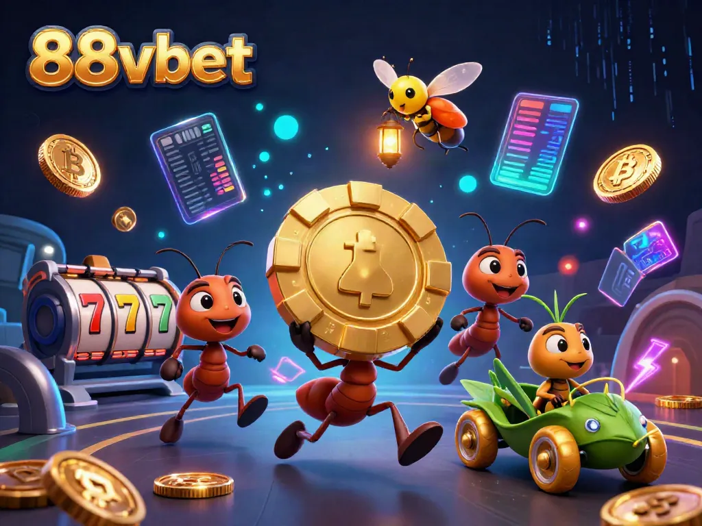 Experience the thrill of 88vbet with ants heisting a giant poker chip amidst casino elements.