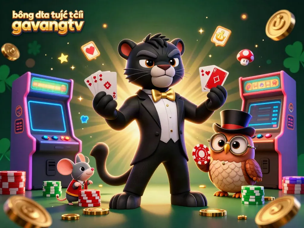 Engage in bóng đá trực tuyến gavangtv with a stylish panther dealer and friends amid vibrant casino elements.