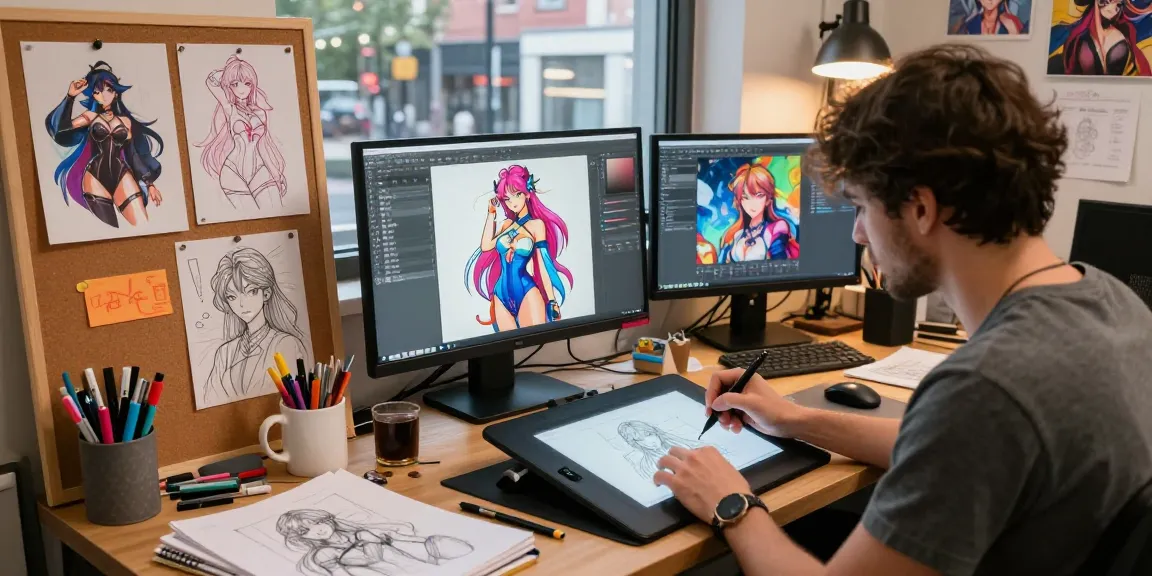 Artist sketching AI hentai character designs in a vibrant digital art studio.
