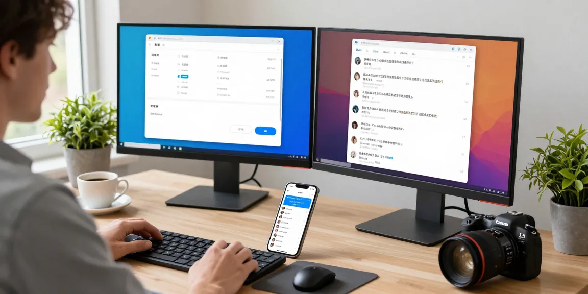 Setting up Telegram Chinese interface in a modern tech workspace with dual monitors and smartphone.