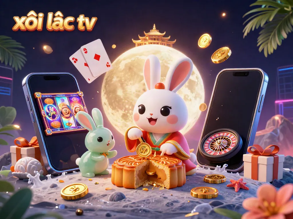 Experience xôi lạc tv's exciting gameplay with cartoon moon rabbits, poker chips, and vibrant casino elements.
