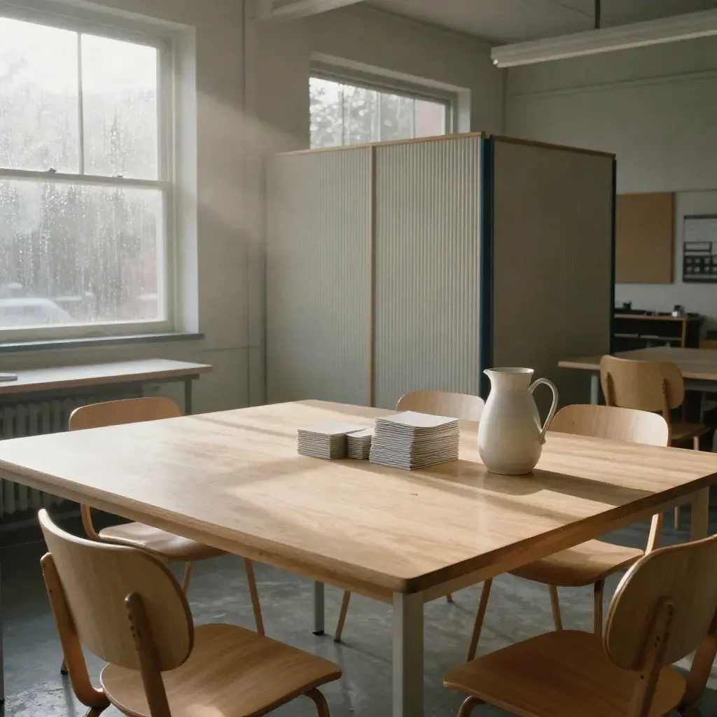 Tomt kommunalt workshoprum med stolar, kort och vattenkanna i mjukt morgonljus.