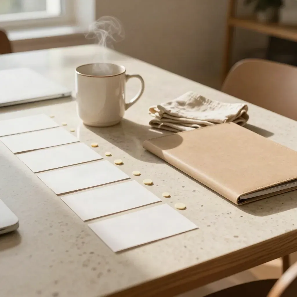 Agenda-kort, sticky dots och en rykande kopp på ett ljust travertinbord.