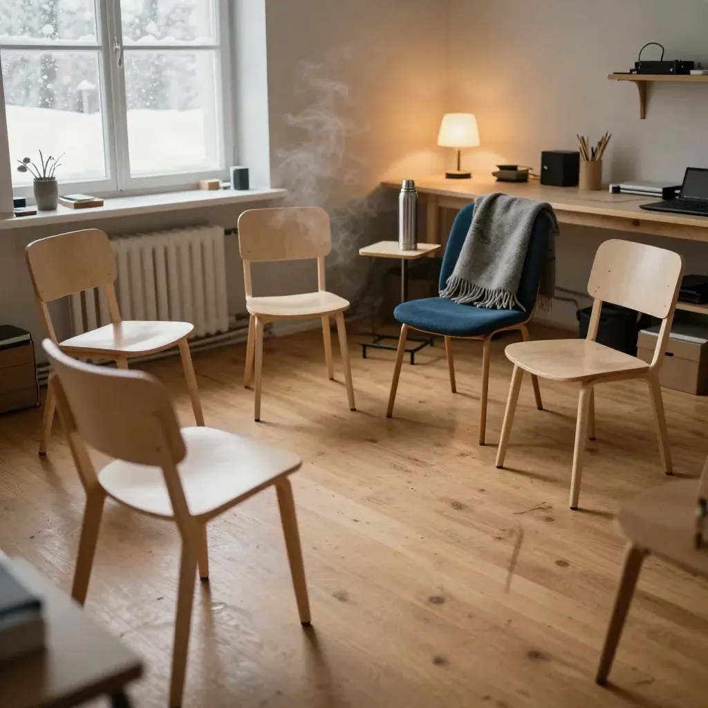 Semicirkel av stolar i ett Umeå-rum, filt, termos och varmt ljus mot snö utanför.