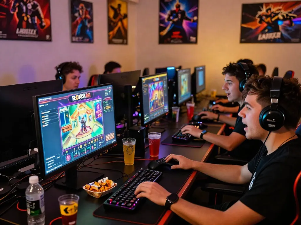 Gamers enjoying a thrilling session around ROKOK88 slot login on vibrant screens with engaging atmosphere.