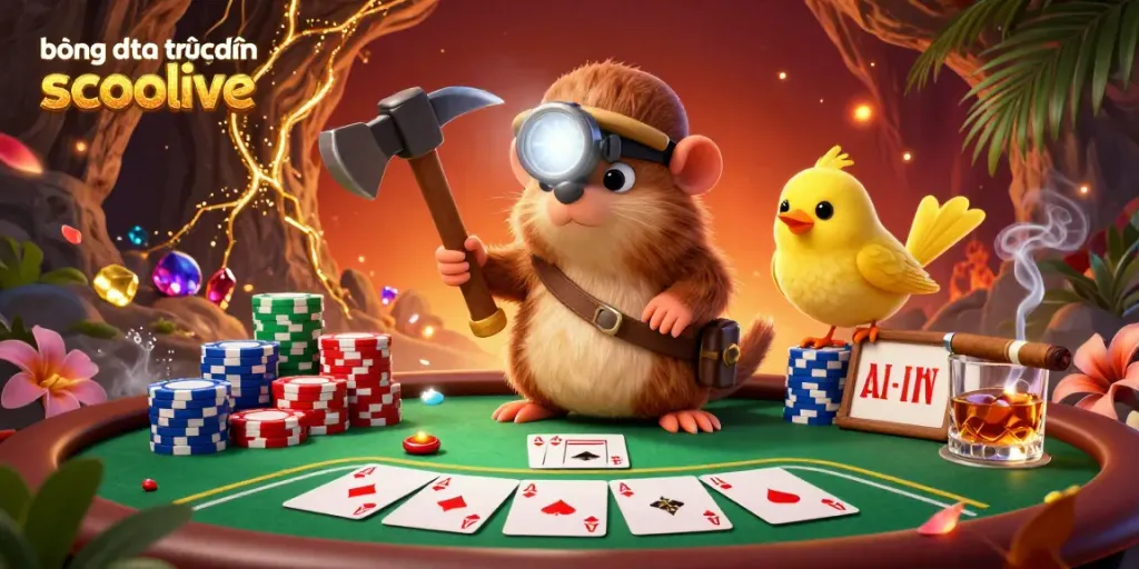 Experience bóng đá trực tuyến socolive with this vibrant 3D treasure hunting scene featuring poker elements.