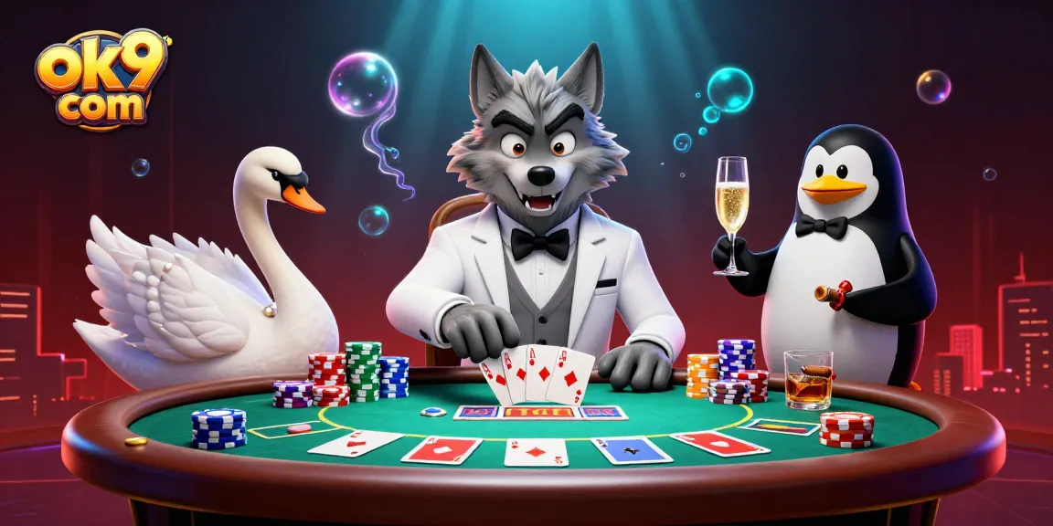 Win big at ok9 com with a debonair wolf, elegant swan, and sophisticated penguin in this thrilling casino scene.
