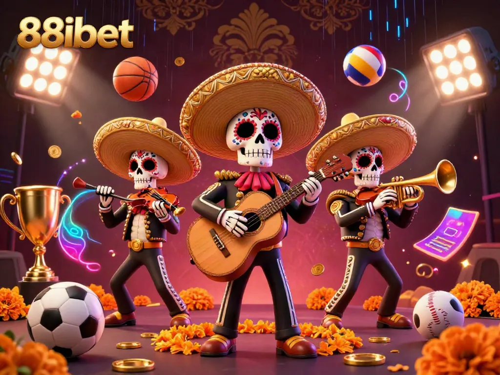 Experience the vibrant spirit of 88ibet with a Day of the Dead mariachi band amidst dynamic sports-themed elements.