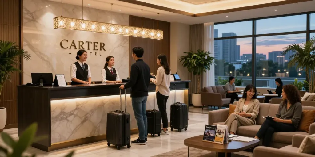 A warm welcome scene at the Carter Hotel reception showcasing modern hospitality and inviting atmosphere.