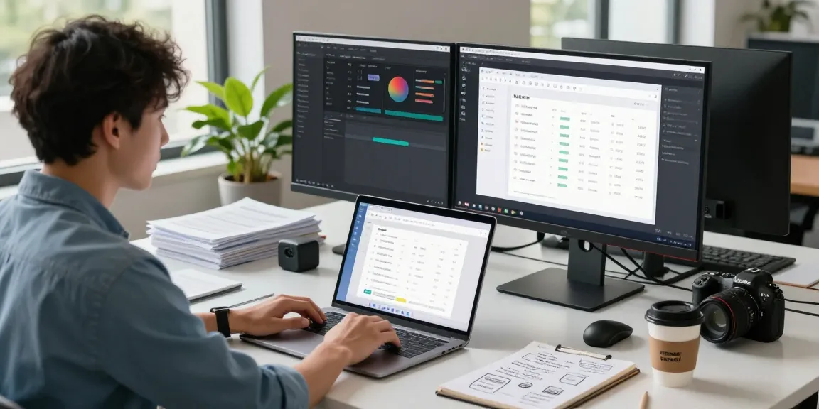 Developer utilizing WPS Official Website in a modern workspace with dual monitors and collaborative editing tools.
