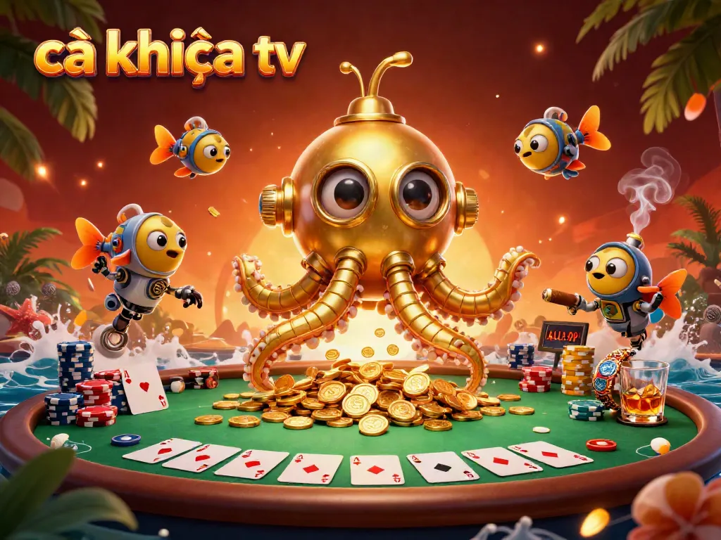 Cà khịa tv showcases dynamic scenes of a golden kraken submarine with poker elements, creating excitement